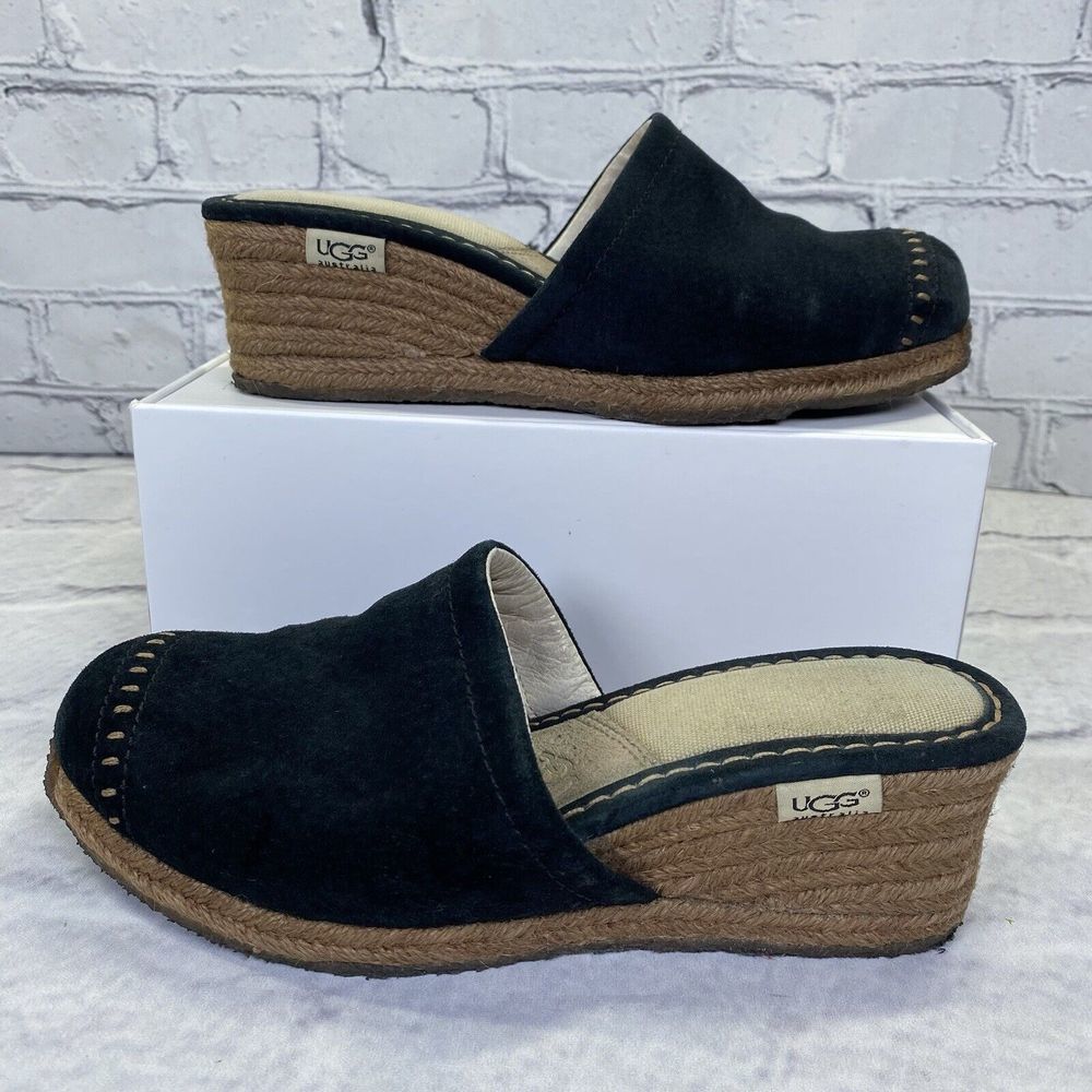 Ugg Palma Suede Espadrille Wedge Mule Black‎ Womens Size 6 SN 1655 Sandals Clog